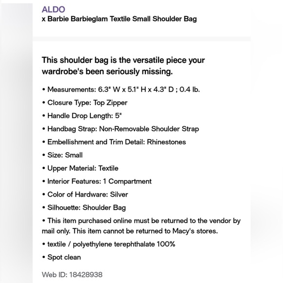 Aldo X Barbie Barbieglam Textile small Shoulder Bag NWT ✨️🎀 RARE LIMITED EDITION - Picture 10 of 10